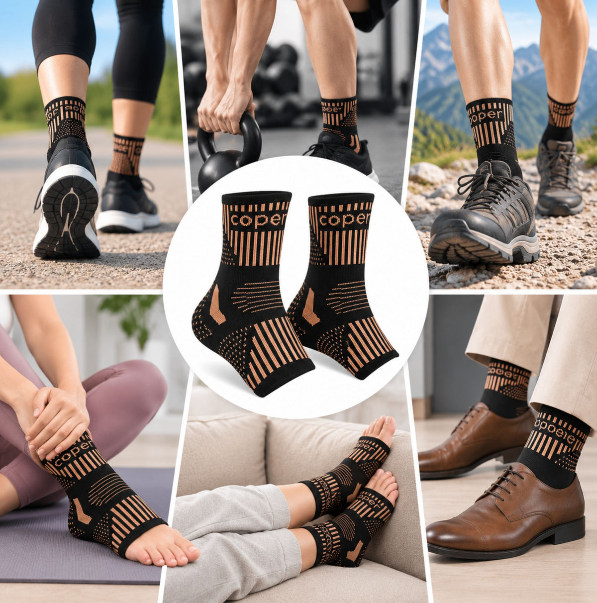 Colaj cu scenarii de purtare pentru Copper Ankle Support în activități zilnice