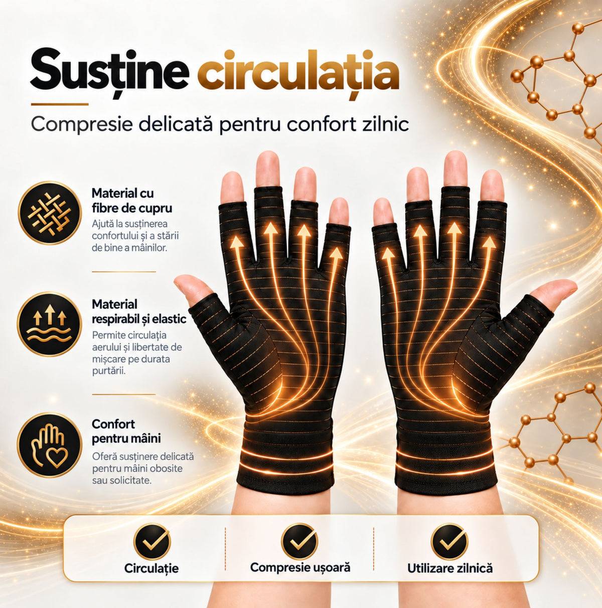 Mănuși compresive cu cupru pentru susținerea circulației și confort zilnic
