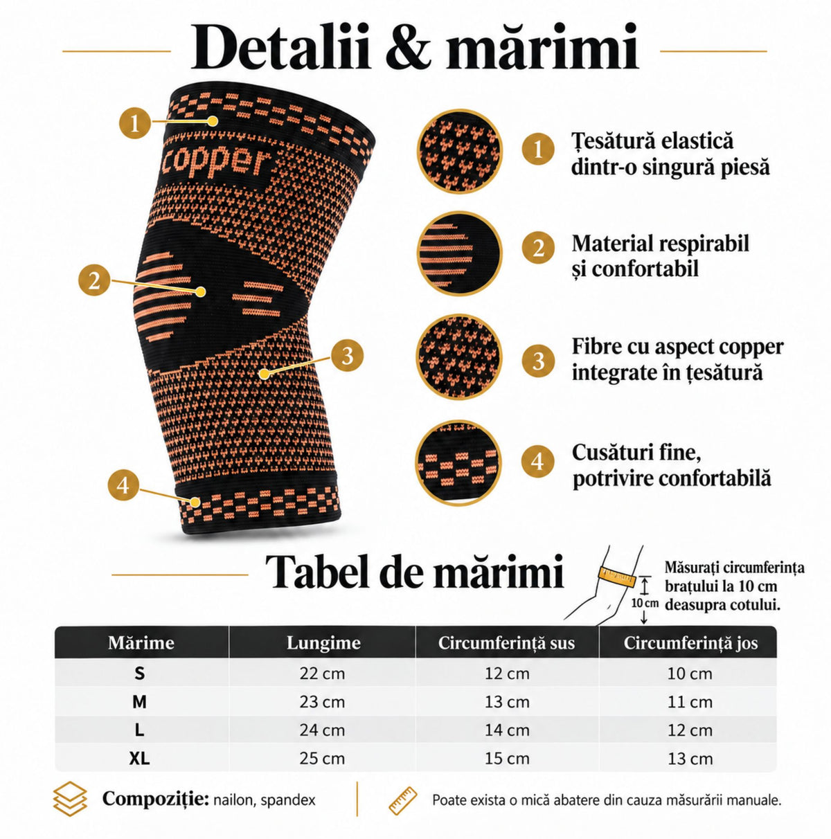 Detalii produs și tabel de mărimi pentru Copper Elbow Support cotieră cu cupru