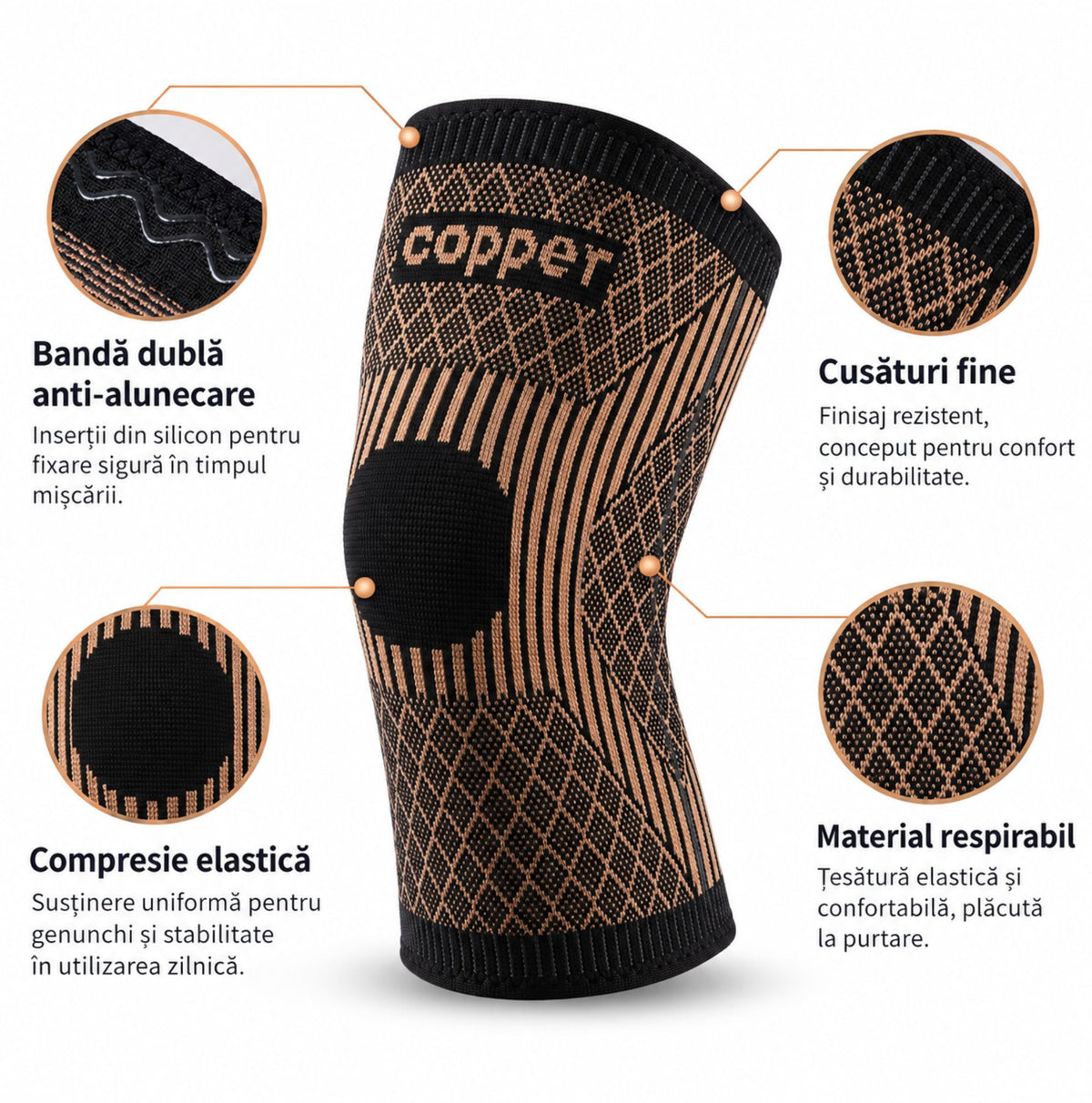 Beneficii Copper Knee Support cu bandă dublă anti-alunecare, compresie elastică și material respirabil