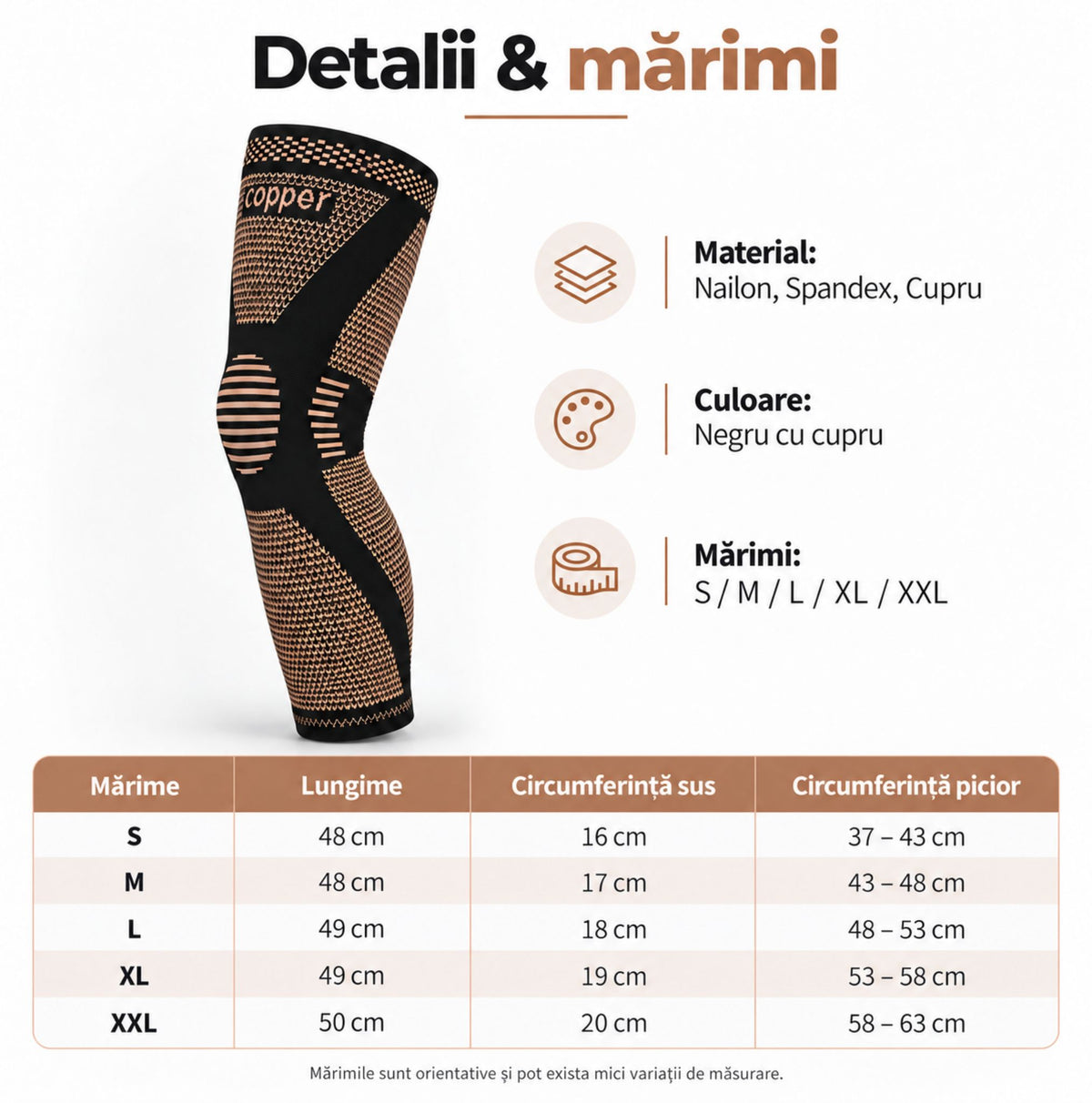 Detalii produs și tabel de mărimi pentru Copper Long Knee Support