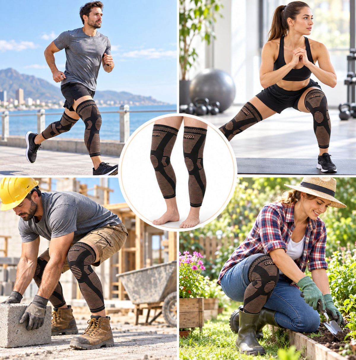 Colaj cu scenarii de utilizare pentru Copper Long Knee Support în sport și activități zilnice