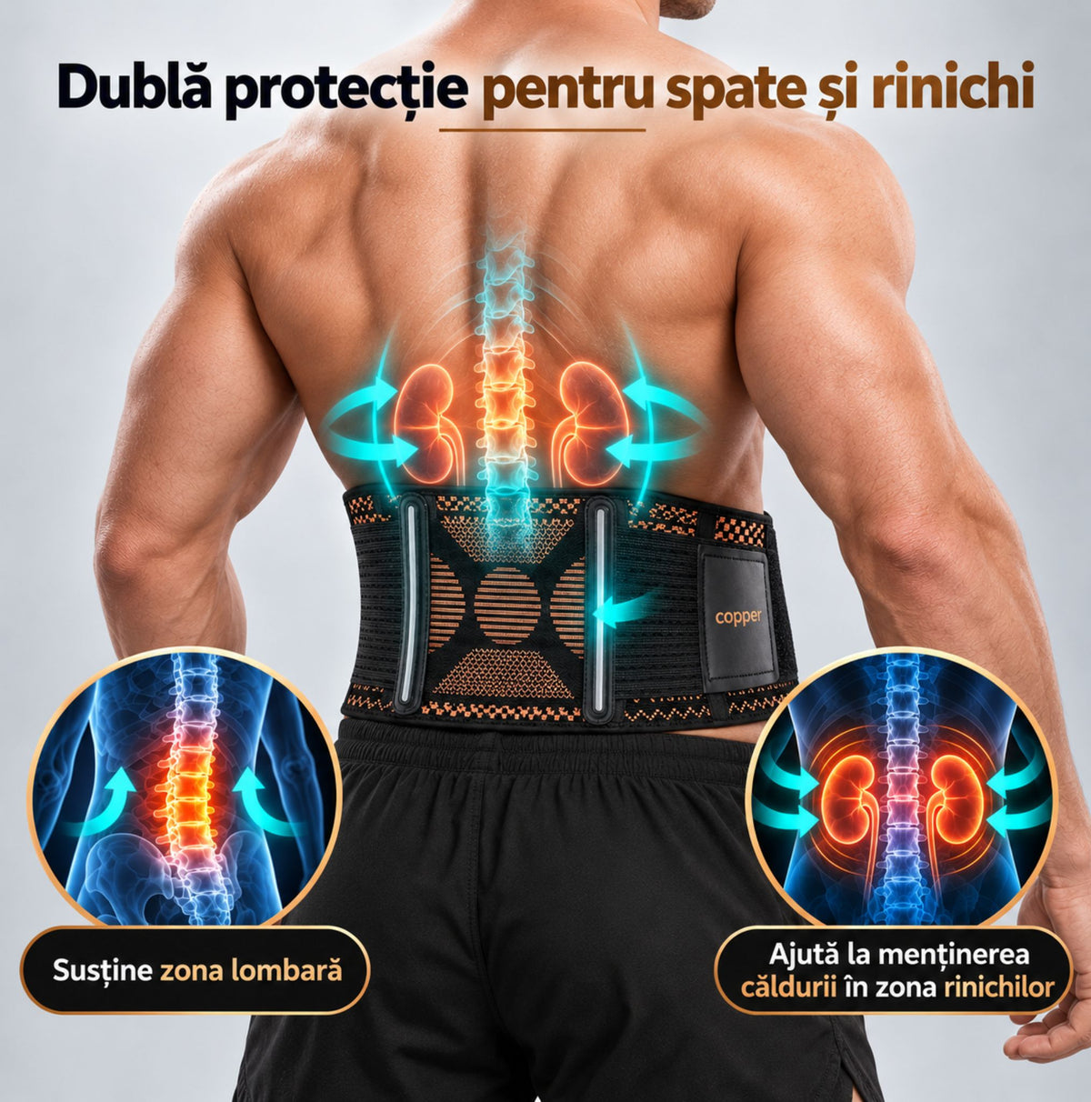 Centură lombară cu cupru pentru confort termic, susținere spate și protecție în zona lombară