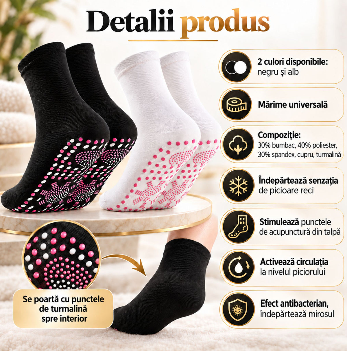 Detalii produs șosete cu cupru și turmalină, disponibile în negru și alb, mărime universală
