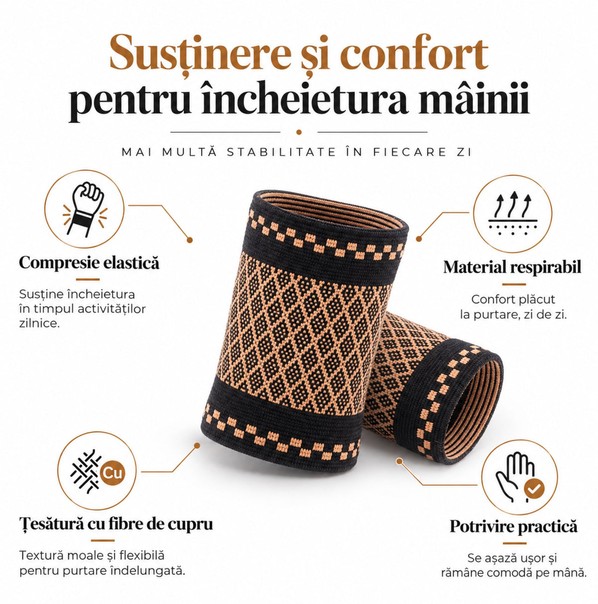 Beneficii Copper Wrist Support pentru susținere, compresie elastică și confort la purtare