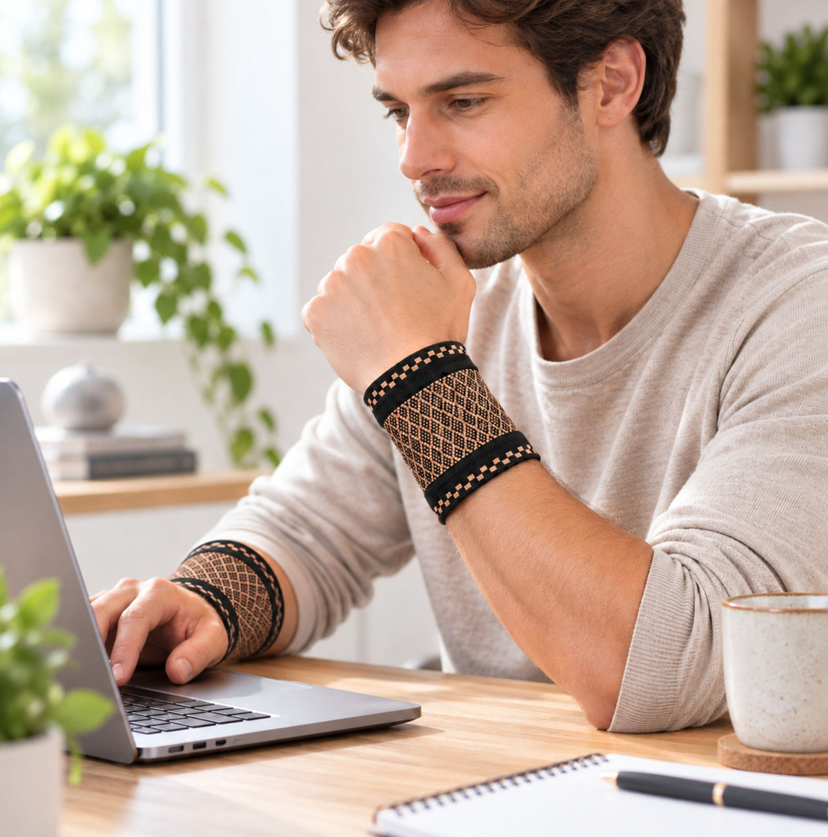 Imagine lifestyle cu manșete Copper Wrist Support purtate la birou