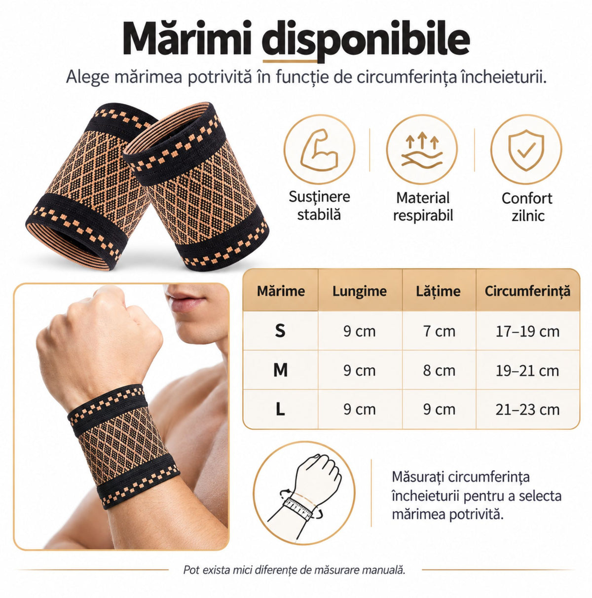 Tabel de mărimi pentru Copper Wrist Support manșetă pentru încheietura mâinii