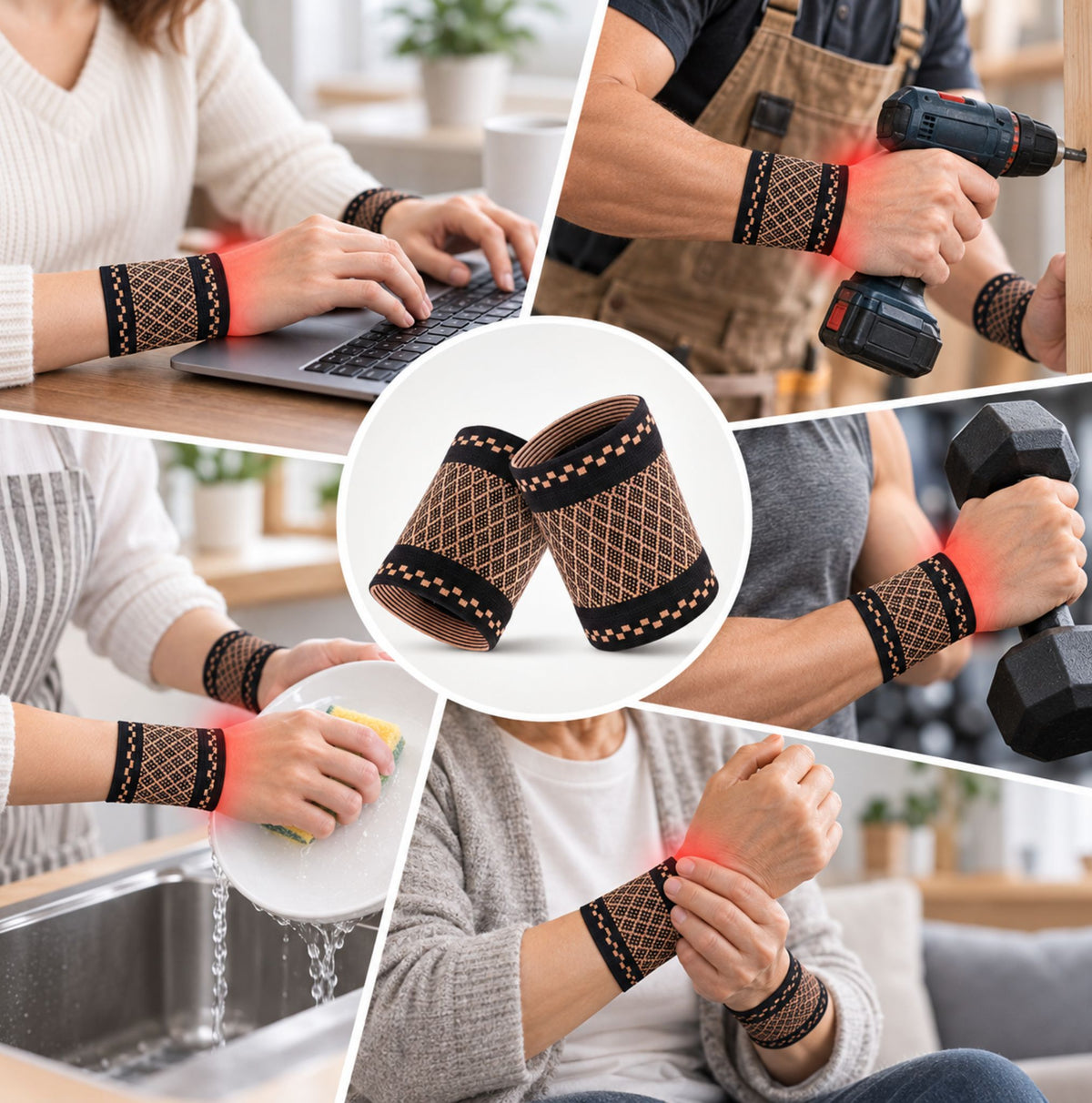 Colaj cu scenarii de utilizare pentru Copper Wrist Support în activități zilnice