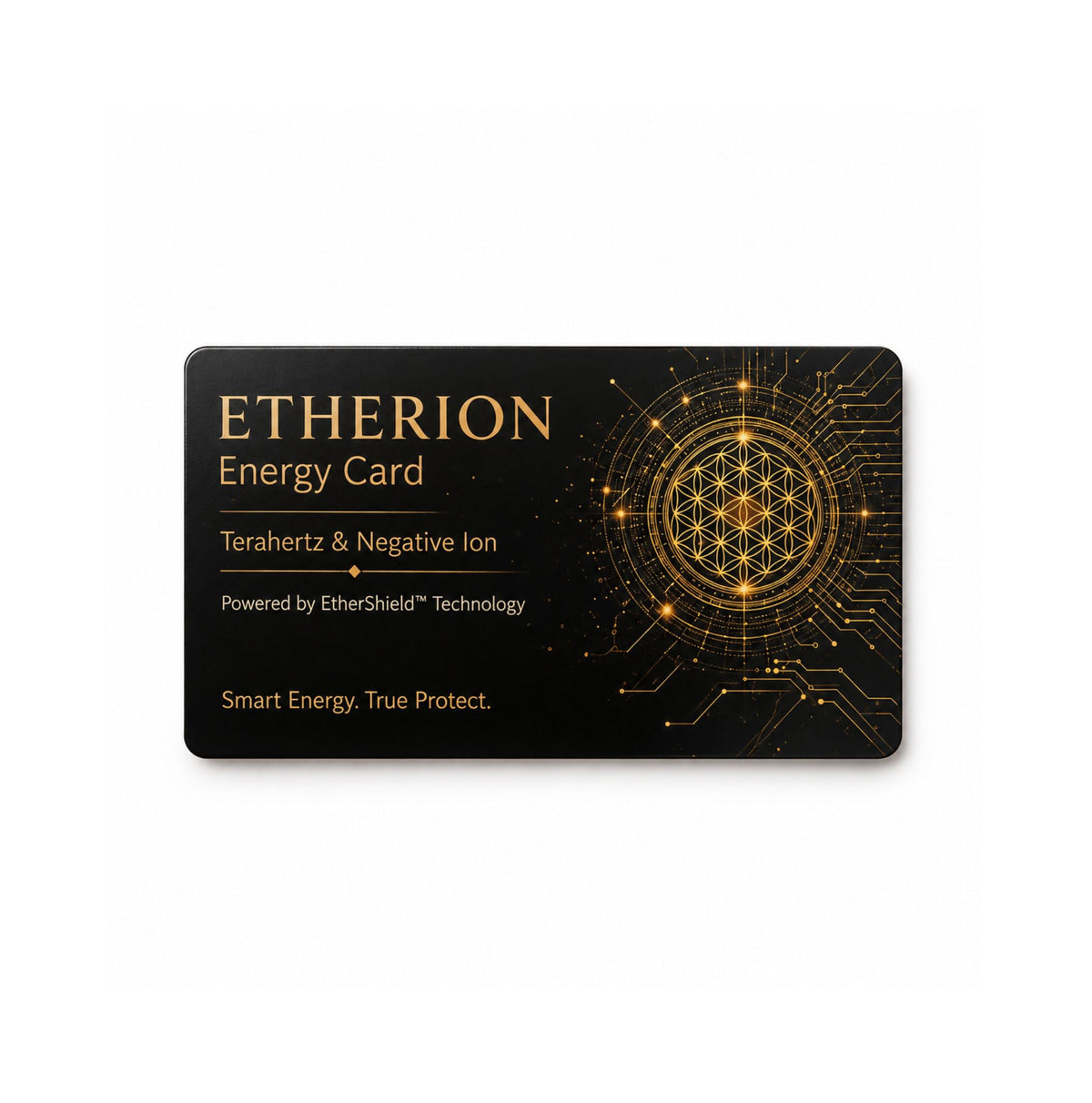 ETHERION Energy Card față pe fundal alb, card bio-energetic cu tehnologie EtherShield