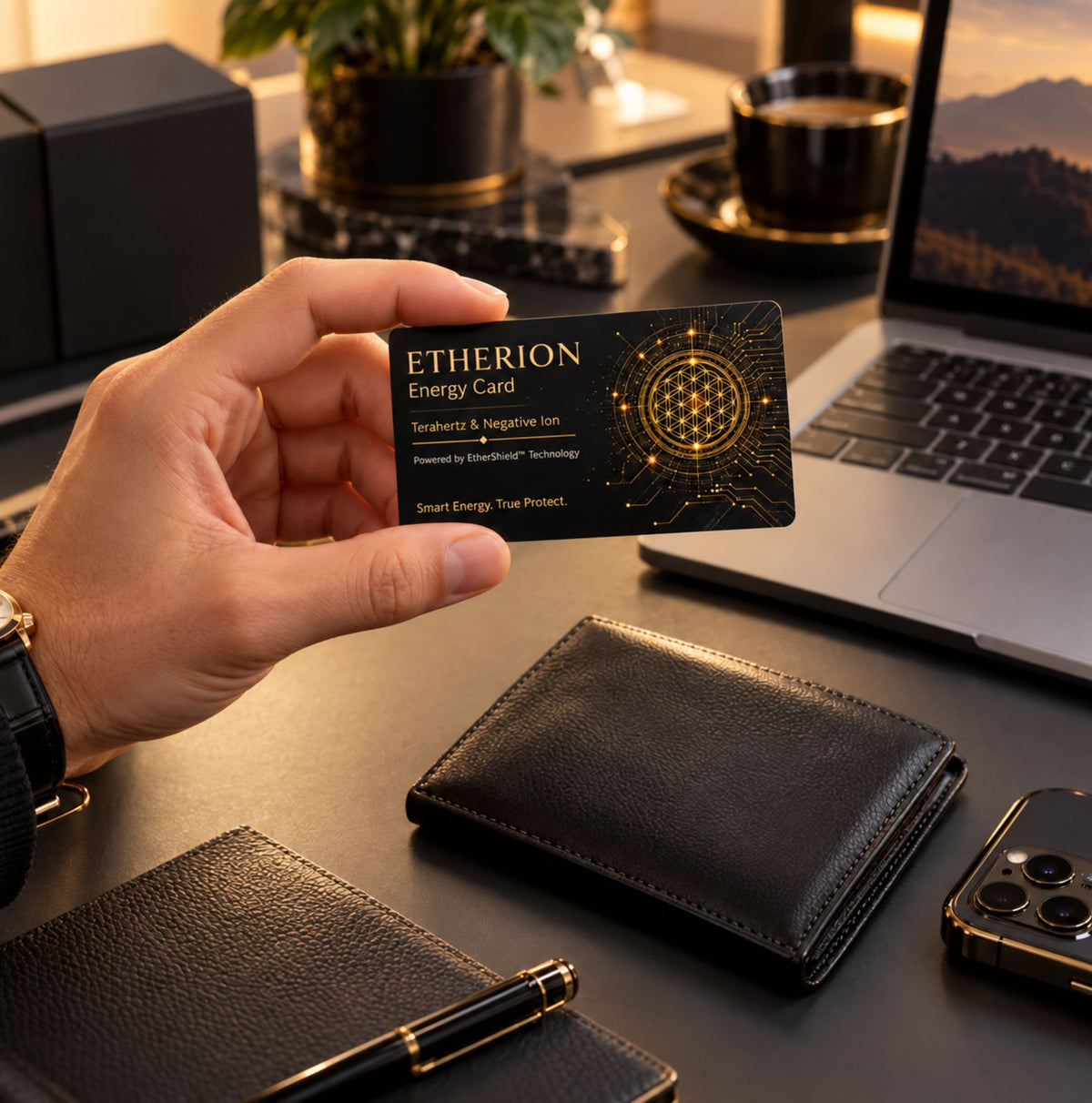 ETHERION Energy Card ținut în mână într-un spațiu de lucru cu laptop și portofel