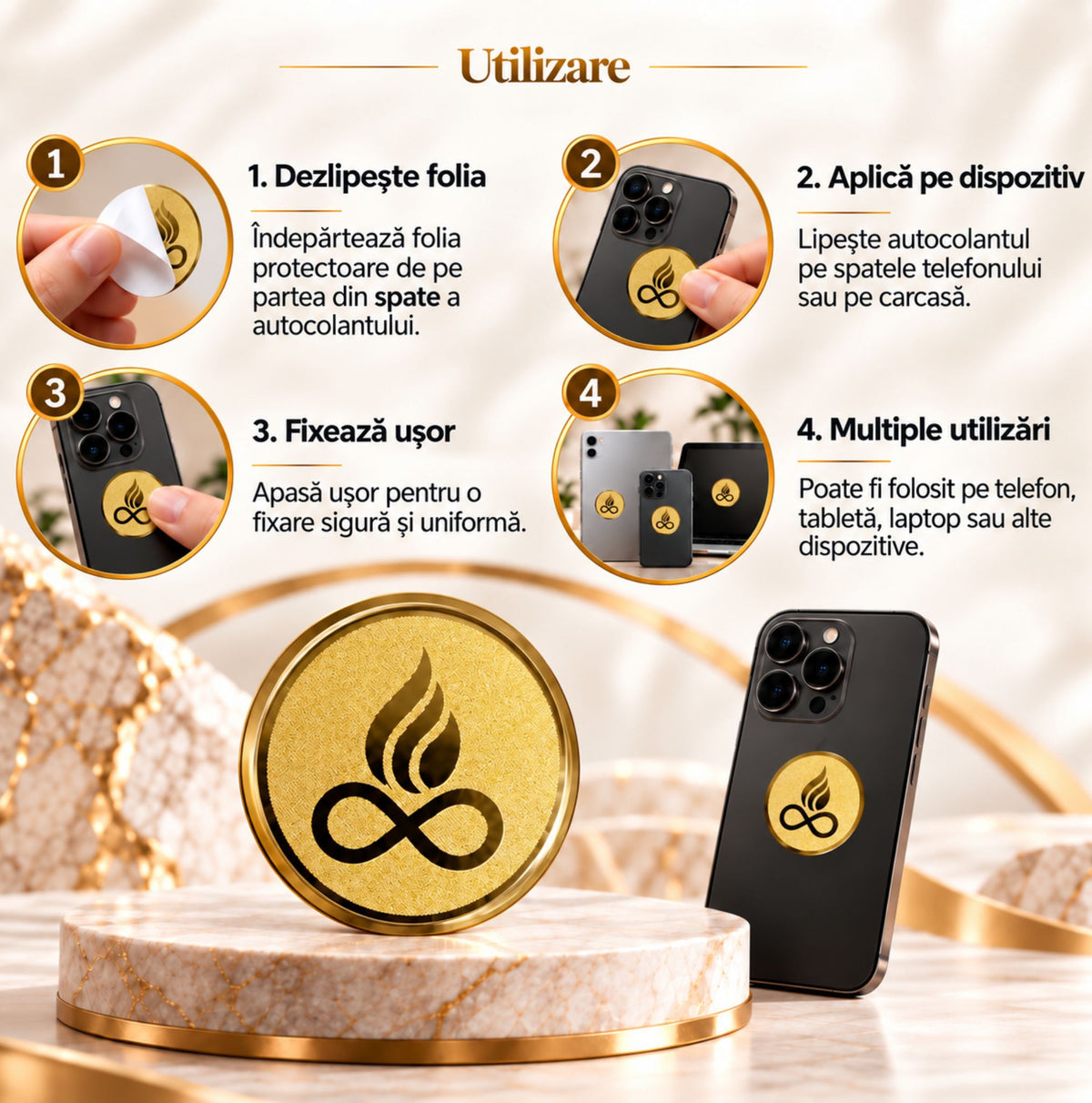 Mod de utilizare ETHERION Phone Shield Gold și aplicarea autocolantului pe dispozitiv