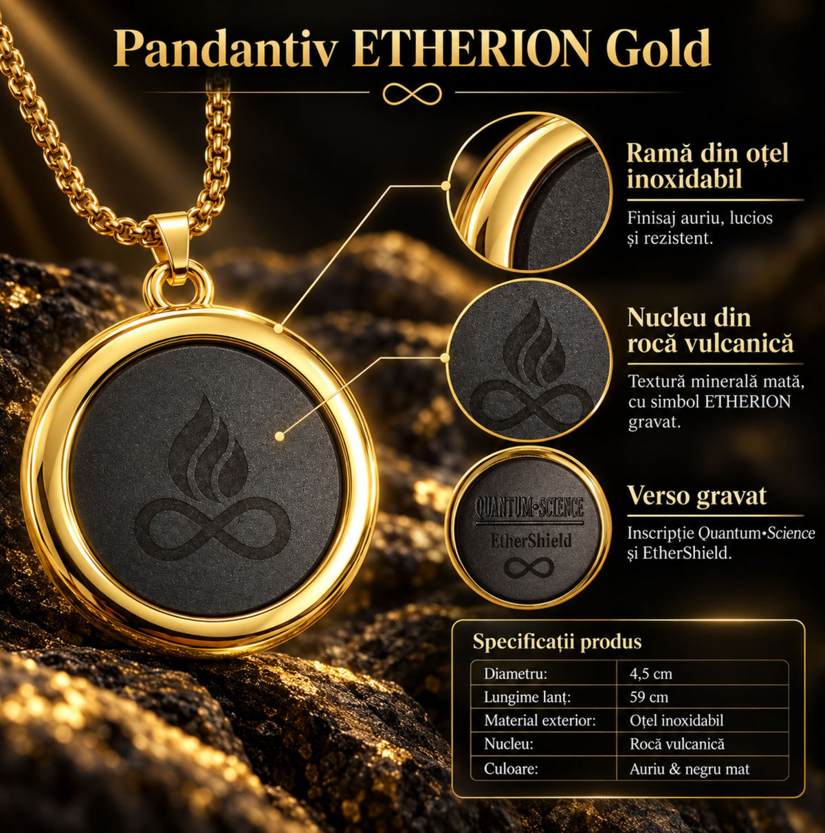 Detalii ETHERION Shield Pendant Gold cu diametru 4,5 cm, lant 59 cm si rama din otel inoxidabil