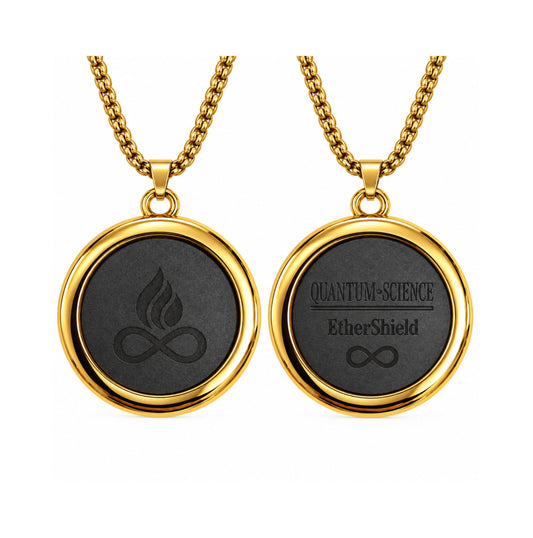 Pandantiv ETHERION Shield Pendant Gold fata si verso cu marcaj EtherShield Technology